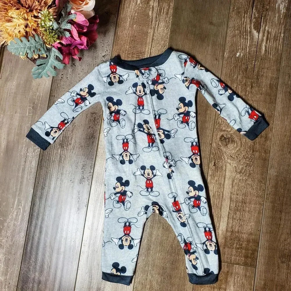 Disney Baby Gray Mickey Mouse One Piece PJ Pajamas Size 6m
